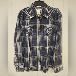 BKE Athletic Fit Western Shirt Men's Size XL Blue Plaid 100% Cotton White Thread